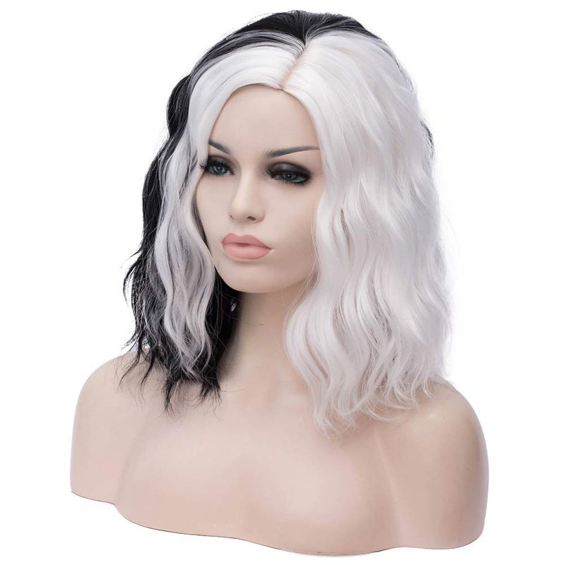 BERON 14" Women Girls Short Curly Bob Wavy Wig Body Wave Halloween Cosplay Costume Daily Party Wigs (Black and White) - Image 3
